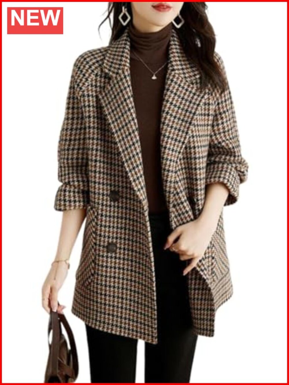 Houndstooth Woolen Blend Double Breasted Pea Coat Long Sleeve Notched Lapel